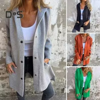 Осень-зима Женское пальто с капюшоном на пуговицах Однотонное толстое карманное свободное пальто средней длины для активного отдыха на природе Путешествия Шопинг Свидания Пальто M чёрный