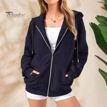 Осень-зима Женское пальто с капюшоном, застегивающееся на молнию, с капюшоном, длинными рукавами, однотонными карманами, утолщенная спортивная куртка, свободная повседневная одежда, школьное пальто M темно-синий