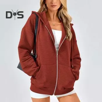 Осень-зима Женское пальто с капюшоном, застегивающееся на молнию, с капюшоном, длинными рукавами, однотонными карманами, утолщенная спортивная куртка, свободная повседневная одежда, школьное пальто M розы красного