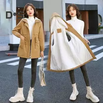 Осень-зима женское пальто с капюшоном из толстого плюша, однотонные карманы, теплая застежка-молния, кардиган с длинными рукавами, свободная средняя длина, уютная женская куртка, плащ L абрикосовый