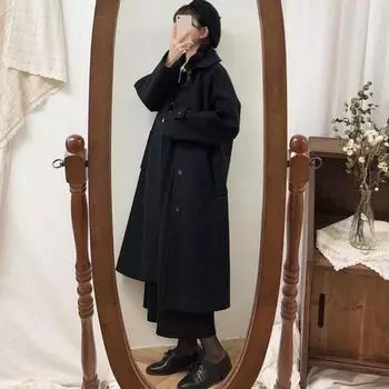 Осень-зима Женское пальто с отложным воротником, длинным рукавом, однобортное, с карманами, свободное, средней длины, однотонное, мягкое, теплое, толстое, длиной до середины икры, пальто M чёрный