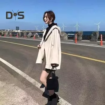 Осень-зима женское пальто свободное утолщенное теплое однотонное свободное пальто с длинными рукавами и открытыми карманами средней длины с капюшоном женское пальто XL бежевый