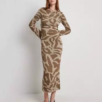 Осень-зима женское платье одинакового цвета с волнистым принтом, круглым вырезом и длинными рукавами, облегающее плотное, теплое, мягкое платье макси длиной до щиколотки S коричневый