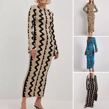 Осень-зима женское платье одинакового цвета с волнистым принтом, круглым вырезом и длинными рукавами, облегающее плотное, теплое, мягкое платье макси длиной до щиколотки M