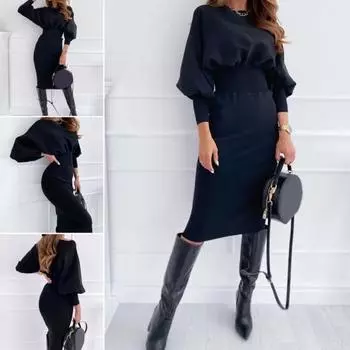 Осень-зима женское платье плотное с круглым вырезом облегающее эластичное однотонное однотонное платье с высокой талией мягкое теплое платье-футляр длиной до колена с рукавами-фонариками M светло-синий