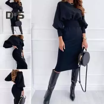 Осень-зима женское платье плотное с круглым вырезом облегающее эластичное однотонное однотонное платье с высокой талией мягкое теплое платье-футляр длиной до колена с рукавами-фонариками M светло-синий