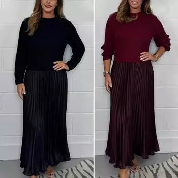 Осень-зима Женское платье Поддельный двухсекционный вязаный свитер Плиссированная юбка Лоскутная Длинный рукав 3XL зелёный