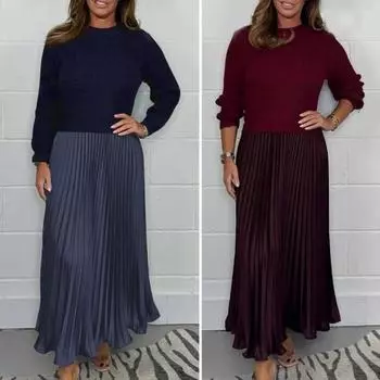 Осень-зима Женское платье Поддельный двухсекционный вязаный свитер Плиссированная юбка Пэчворк Длинный S темно-красного