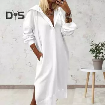 Осень-зима женское платье с капюшоном на шнурке с боковым разрезом Свободные длинные рукава Однотонный вязаный пуловер с карманами длиной до колен Повседневная одежда Платье миди XXL белый