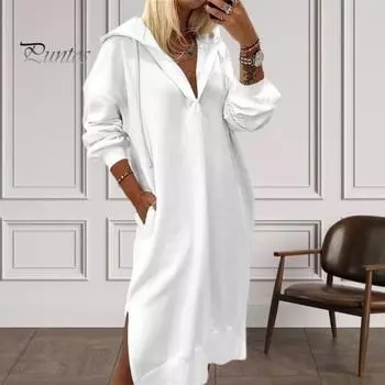 Осень-зима женское платье с капюшоном на шнурке с боковым разрезом Свободные длинные рукава Однотонный вязаный пуловер с карманами длиной до колен Повседневная одежда Платье миди XXL белый