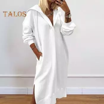 Осень-зима женское платье с капюшоном на шнурке с боковым разрезом Свободные длинные рукава Однотонный вязаный пуловер с карманами длиной до колен Повседневная одежда Платье миди XXL белый