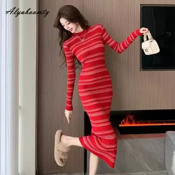 Осень-зима Женское платье-свитер миди Контрастного цвета в полоску Трикотажное облегающее женственное платье Трикотажное элегантное милое универсальное женское платье One Size красный