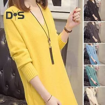 Осень-зима женское платье-свитер сплошной цвет толстый вязаный V-образный вырез с длинным рукавом мягкий теплый свободный пуловер длиной до колен эластичное женское платье миди 3XL темно-серого