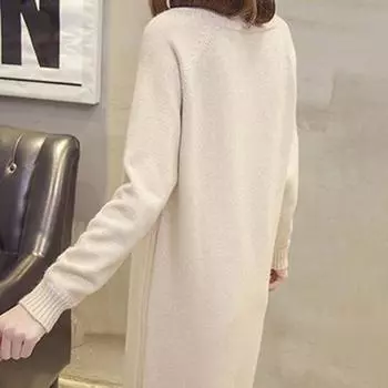 Осень-зима женское платье-свитер сплошной цвет толстый вязаный V-образный вырез с длинным рукавом мягкий теплый свободный пуловер длиной до колен эластичное женское платье миди 3XL темно-серого