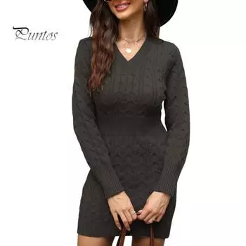 Осень-зима женское платье трикотажное толстое V-образным вырезом приталенное платье с длинными рукавами длиной выше колена витая текстура чистый цвет оболочка офисная вечеринка мини-платье S кофейный