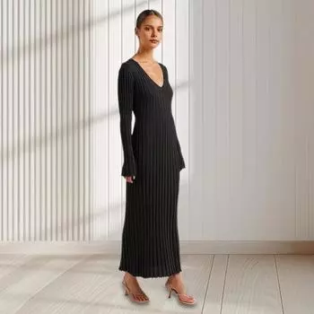 Осень-зима Женское Платье V-образный вырез Threa Свободный Длинные рукава Однотонный Трикотажный Тонкий Талия Макси L белый