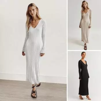 Осень-зима Женское Платье V-образный вырез Threa Свободный Длинные рукава Однотонный Трикотаж L бежевый