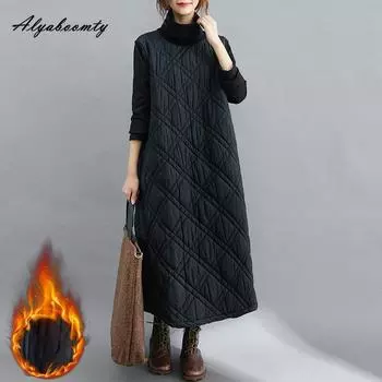 Осень-зима женское плотное теплое платье водолазка черно-коричневое лоскутное стеганое платье с длинным рукавом повседневное свободное платье миди