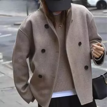 Осень-зима Женское повседневное однотонное шерстяное пальто Модная офисная женская свободная двубортная водолазка Демисезонная куртка S хаки