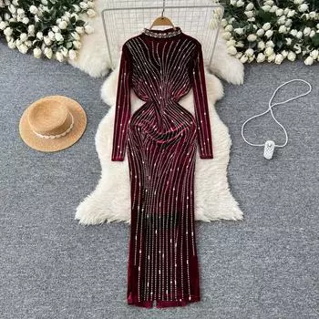 Осень-зима Женское роскошное рождественское платье с бисером и бриллиантами из бархата, большие размеры, длинное макси, облегающее, вечернее платье M бордовый
