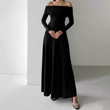 Осень-зима женское сексуальное платье макси с открытыми плечами, однотонное черное платье без бретелек с длинным рукавом для женщин, вечерние платья M чёрный