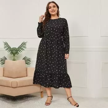 Осень-зима женское свободное длинное платье с длинным рукавом с круглым вырезом и высокой талией в горошек L-4XL L чёрный