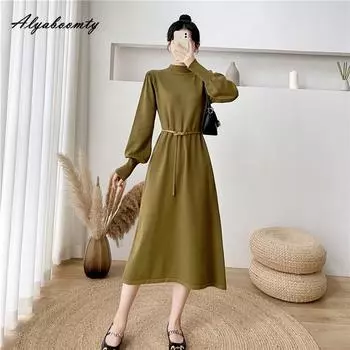 Осень-зима Женское толстое теплое платье-свитер с полувысоким воротником, черное, зеленое, абрикосовое, вязаное платье с рукавами-фонариками, элегантное вязаное платье с поясом One Size чёрный