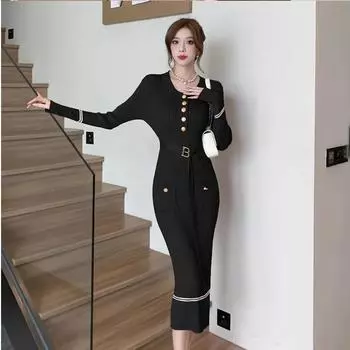 Осень-зима женское трикотажное платье модное платье-свитер с круглым вырезом на пуговицах и поясом женское офисное платье L белый