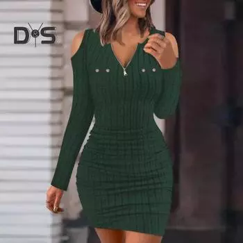 Осень-зима женское трикотажное платье с застежкой-молнией и V-образным вырезом с открытыми плечами, облегающее платье, эластичное однотонное полосатое платье с длинным рукавом, узкая талия, для поездок на работу S чёрный