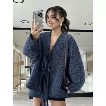 Осень-зимаВинтажные повседневные шикарные женские куртки с V-образным вырезом и длинным рукавом, на шнуровке, свободные толстые пальто, модная верхняя одежда S