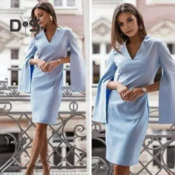 Осенне-летнее женское платье с длинными разрезами и роговыми рукавами, V-образным вырезом, облегающее однотонное деловое вечернее платье миди для поездок на работу XL чёрный