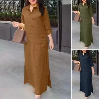 Осенне-летнее женское платье с отложным воротником, свободное однотонное платье с длинными рукавами, большие размеры, повседневное платье макси с боковым разрезом L темно-коричневого