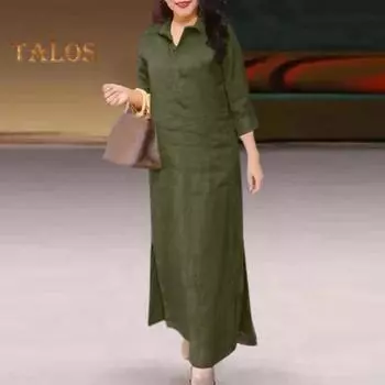 Осенне-летнее женское платье с отложным воротником, свободное однотонное платье с длинными рукавами, большие размеры, повседневное платье трапециевидной формы с боковым разрезом для поездок на работу M темно-коричневого