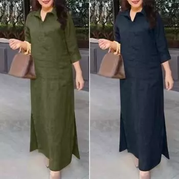 Осенне-летнее женское платье с отложным воротником, свободное однотонное платье с длинными рукавами, большие размеры, повседневное платье трапециевидной формы с боковым разрезом для поездок на работу M темно-коричневого