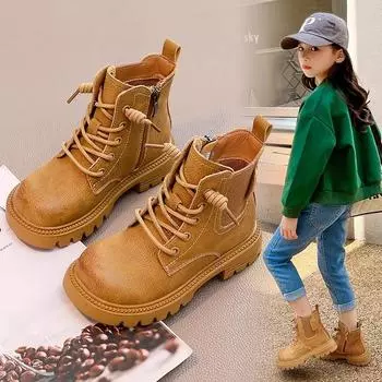 Осенне-летние детские кожаные ботинки, хлопковые ботинки Martin 26 коричневый