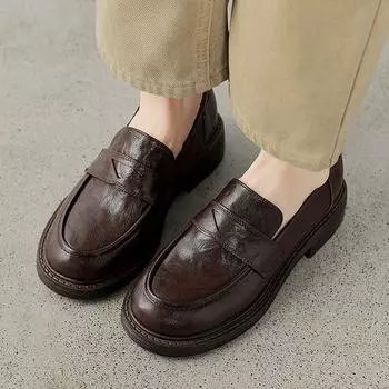 Осенне-летние туфли Krazing Pot из овчины на низком каблуке с круглым носком, женские туфли-оксфорды без шнуровки, туфли-лодочки с металлическими цветами 34 коричневый