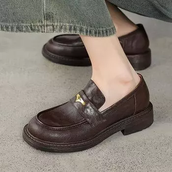 Осенне-летние туфли Krazing Pot из овчины на низком каблуке с круглым носком, женские туфли-оксфорды без шнуровки, туфли-лодочки с металлическими застежками 34 коричневый