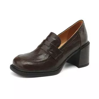 Осенне-летние туфли Krazing Pot из овчины с квадратным носком на массивном каблуке, женские школьные туфли без шнуровки в британском стиле 34 коричневый