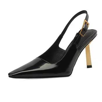 Осенне-летние туфли на высоком каблуке из коровьей кожи с острым носком на шпильке, женские туфли с металлической пряжкой на пятке, женские неглубокие сандалии 34 чёрный