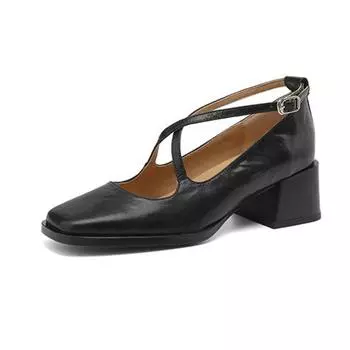 Осенне-летняя обувь из овчины Krazing Pot с квадратным носком на среднем каблуке, офисные женские туфли Мэри Джейн, женские туфли-лодочки на мелкой подошве 34 чёрный