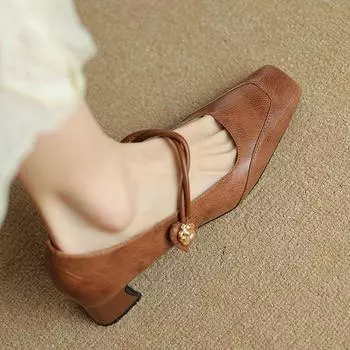 Осенне-летняя обувь из овечьей кожи с квадратным носком на среднем каблуке, офисные женские туфли Мэри Джейн с металлическими цветами и цветами, женские туфли-лодочки на мелкой подошве 34 чёрный