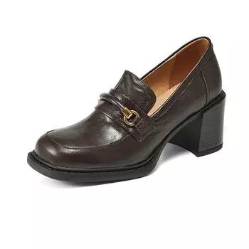 Осенне-летняя обувь Krazing Pot из овчины с квадратным носком на массивном каблуке, женские школьные туфли без шнуровки с металлическими украшениями в британском стиле 34 коричневый