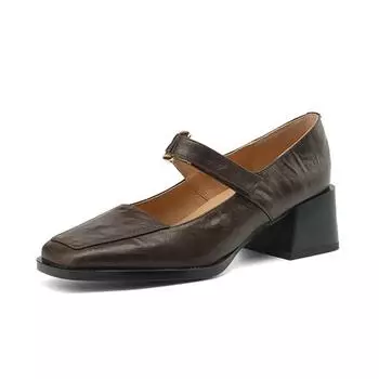 Осенне-летняя обувь Krazing Pot из овечьей кожи с квадратным носком на среднем каблуке, женские туфли-лодочки Мэри Джейн с металлической пряжкой спереди 34 коричневый