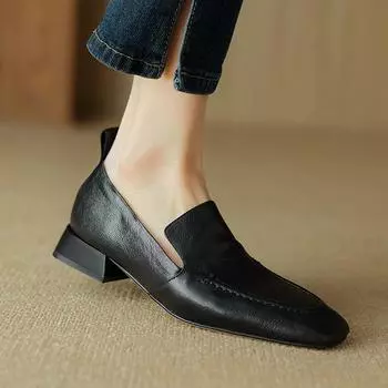 Осенне-летняя обувь Krazing Pot на низком каблуке из овечьей кожи с квадратным носком без шнуровки, плиссированные украшения, женские туфли-лодочки 34 коричневый