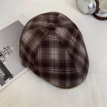 Осенне-летняя универсальная студенческая повседневная британская восьмиугольная шляпа в стиле ретро с большими полями в клетку в студенческом стиле, берет для женщин M56-58cm чёрный