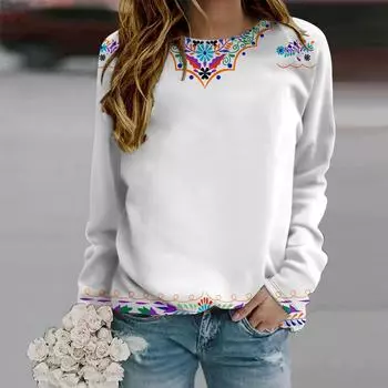 Осенне-осенняя женская модная футболка с длинным рукавом и круглым вырезом, свободная одежда, белая футболка с цветочной вышивкой для девочек, уличная XS белый
