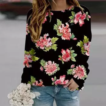 Осенне-осенняя женская модная футболка с длинным рукавом и круглым вырезом, свободная одежда, розовая футболка с принтом хризантем для девочек, уличная XS фиолетовый