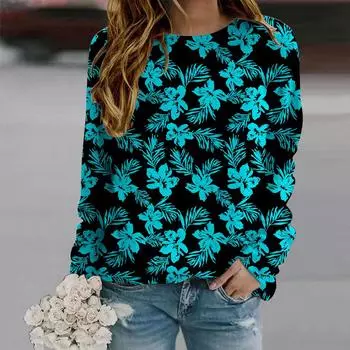 Осенне-осенняя женская модная футболка с длинным рукавом и круглым вырезом, свободная одежда, футболка с принтом розовых роз для девочек, уличная XS синий