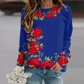 Осенне-осенняя женская модная футболка с длинным рукавом и круглым вырезом, свободная одежда, разноцветная футболка с принтом роз для девочек, уличная XS белый