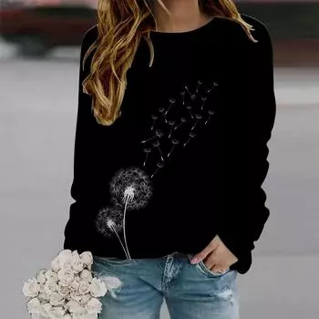 Осенне-осенняя женская модная футболка с длинным рукавом и круглым вырезом, свободная одежда, черная футболка с принтом одуванчика для девочек, уличная XS белый